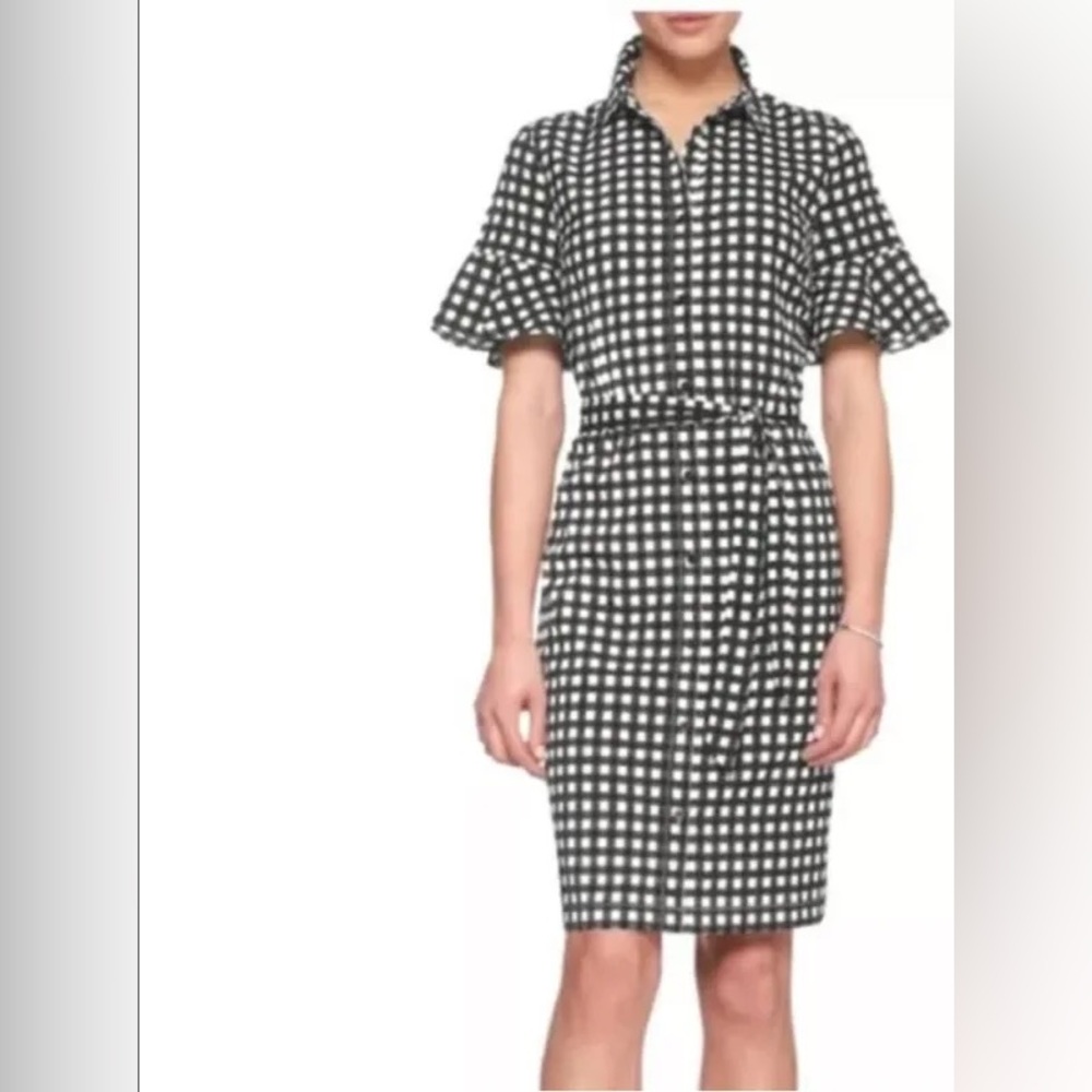 Banana Republic ruffle sleeve dress blk/white gingham checkered pockets! SZ0